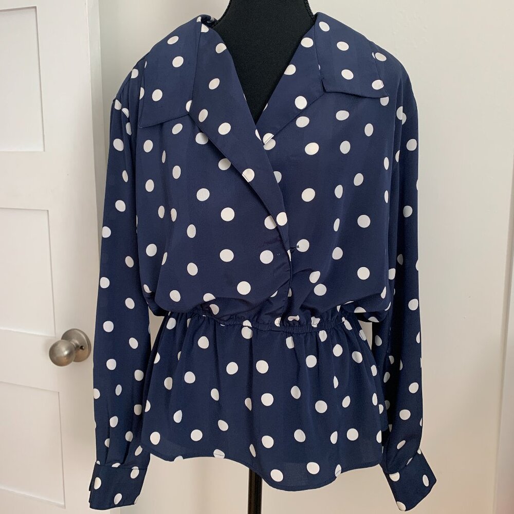 Vintage Regina Porter Navy Blue Polka Dot Wrap Effect Blouse - Size 12
